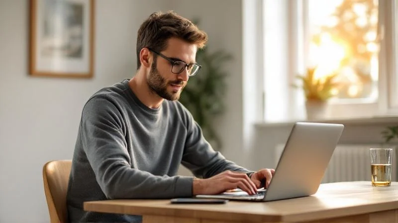 Mann in Paderborn informiert sich am Laptop über Weiterbildung mit Bildungsgutschein