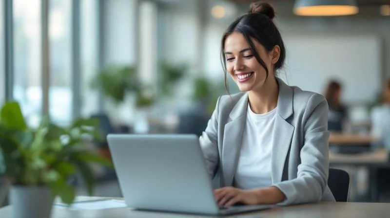 Frau sitzt mit Laptop in einem modernen Büro in Paderborn und lernt digitale Prozesse