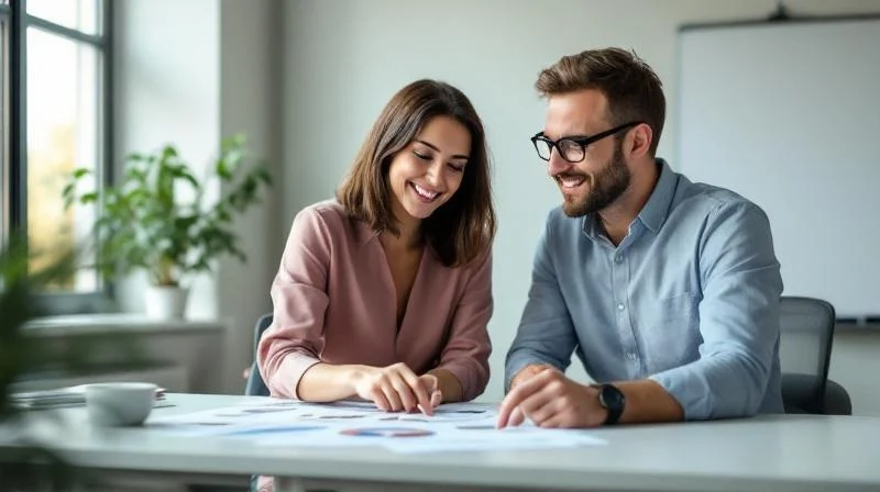 Mann und Frau besprechen Unterlagen an einem Tisch in einem Paderborner Büro